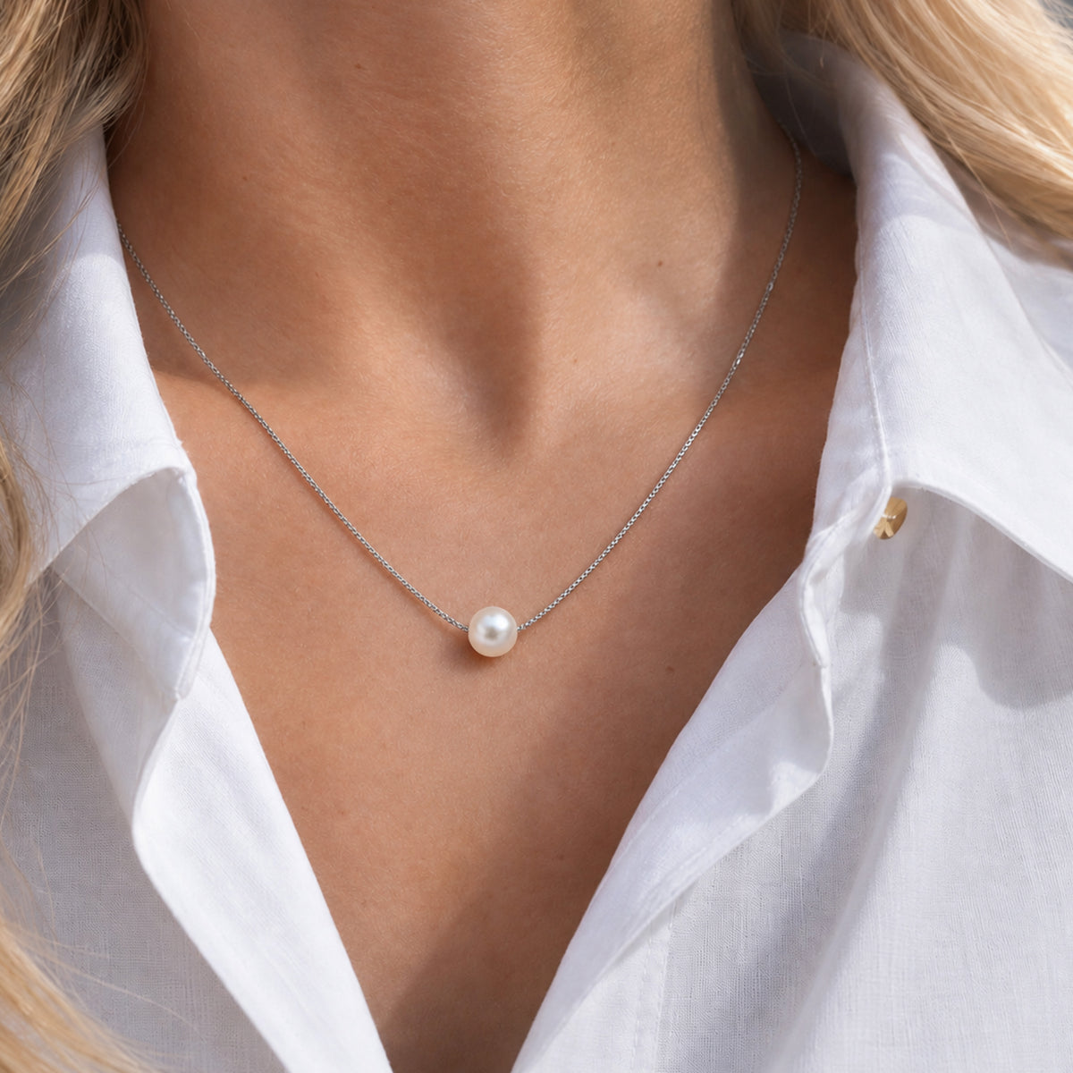 Sterling Silver Floating Pearl Box Chain Necklace