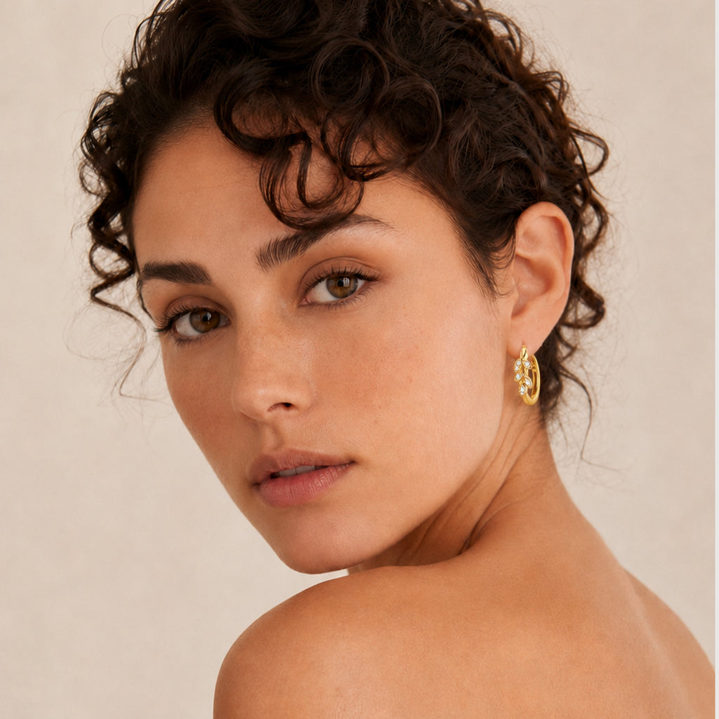 S925 Silver Zircon Leaf Huggie Hoop Earrings