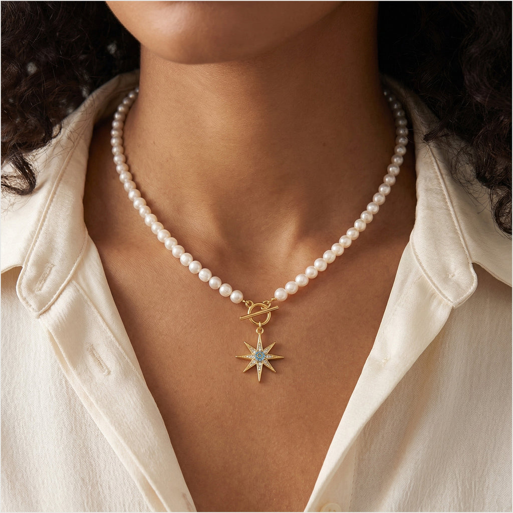 Gold-Plated Blue Starburst Pearl-Bead Necklace