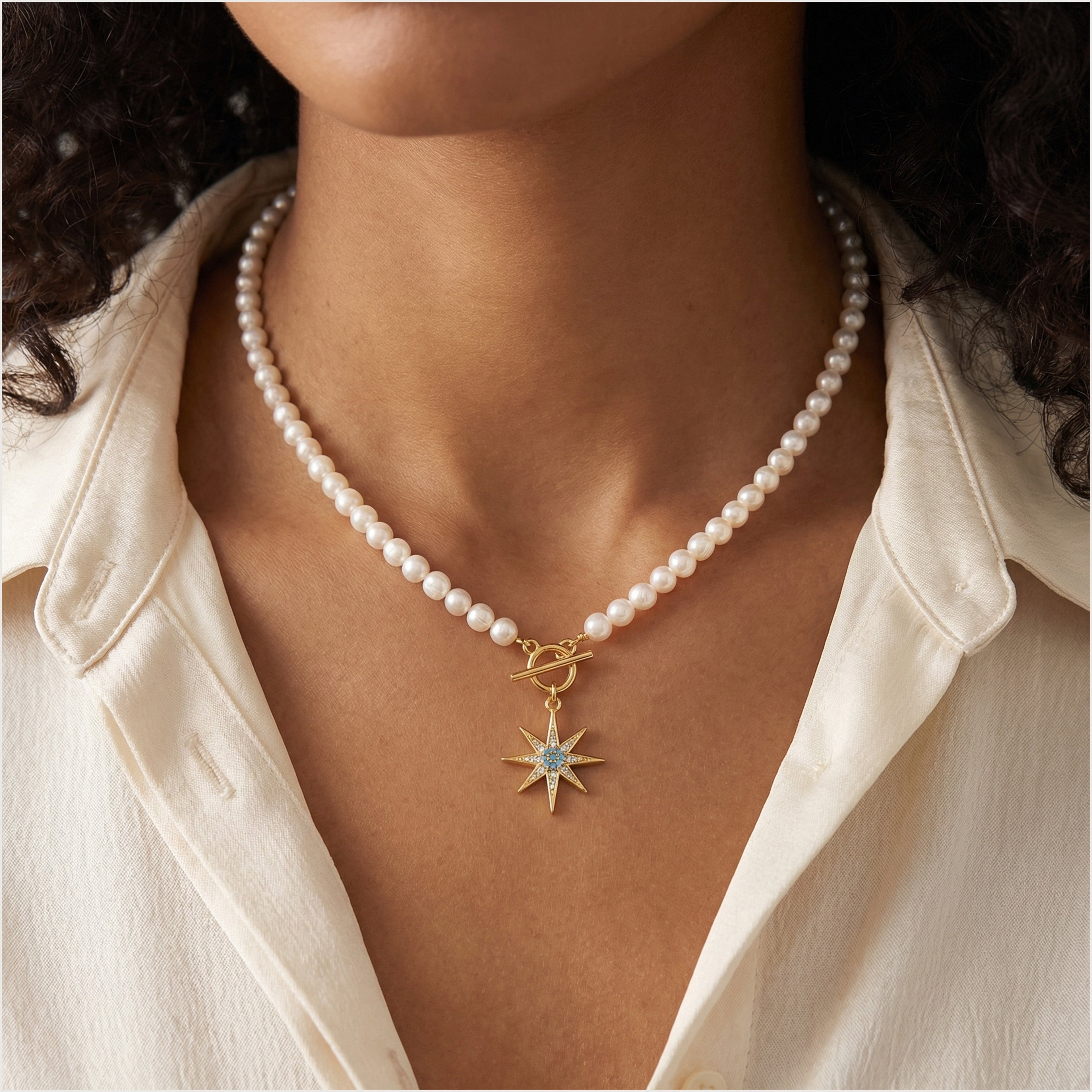 Gold-Plated Blue Starburst Pearl-Bead Necklace