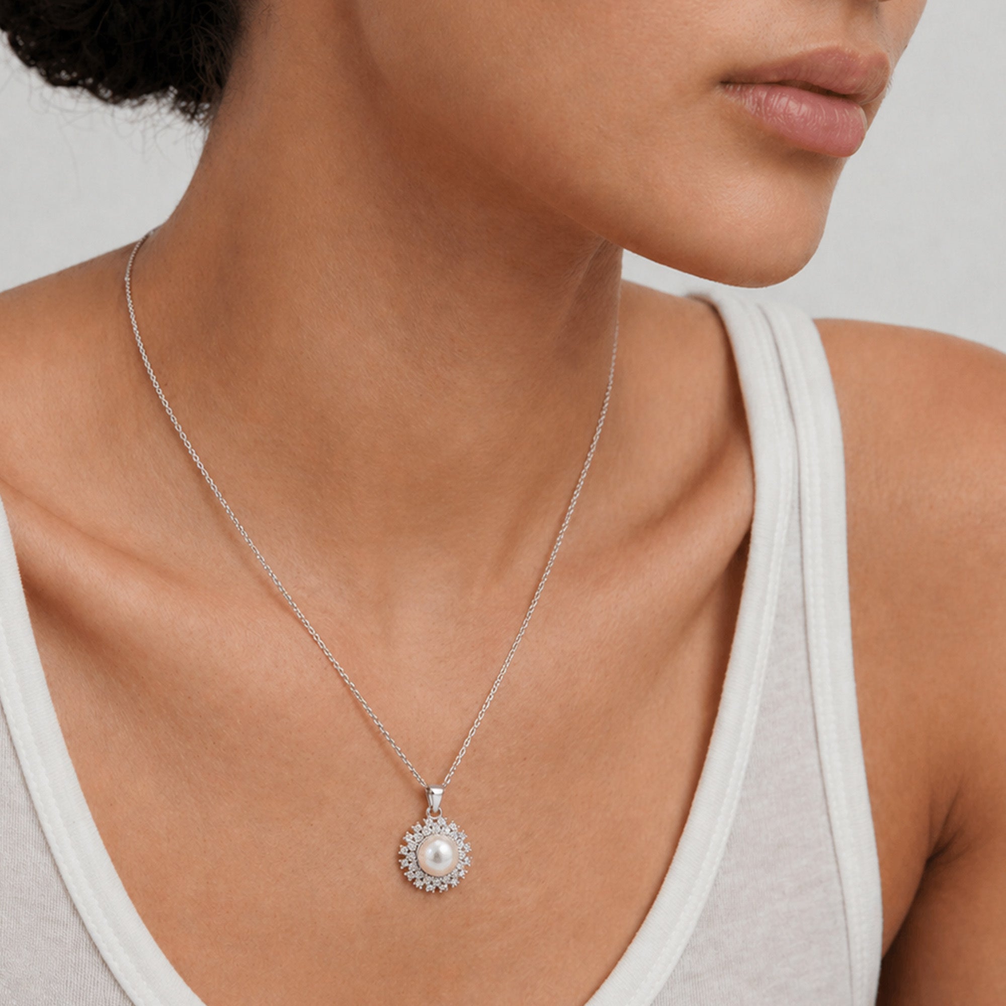 Silver-Tone Pearl Halo Pendant Necklace