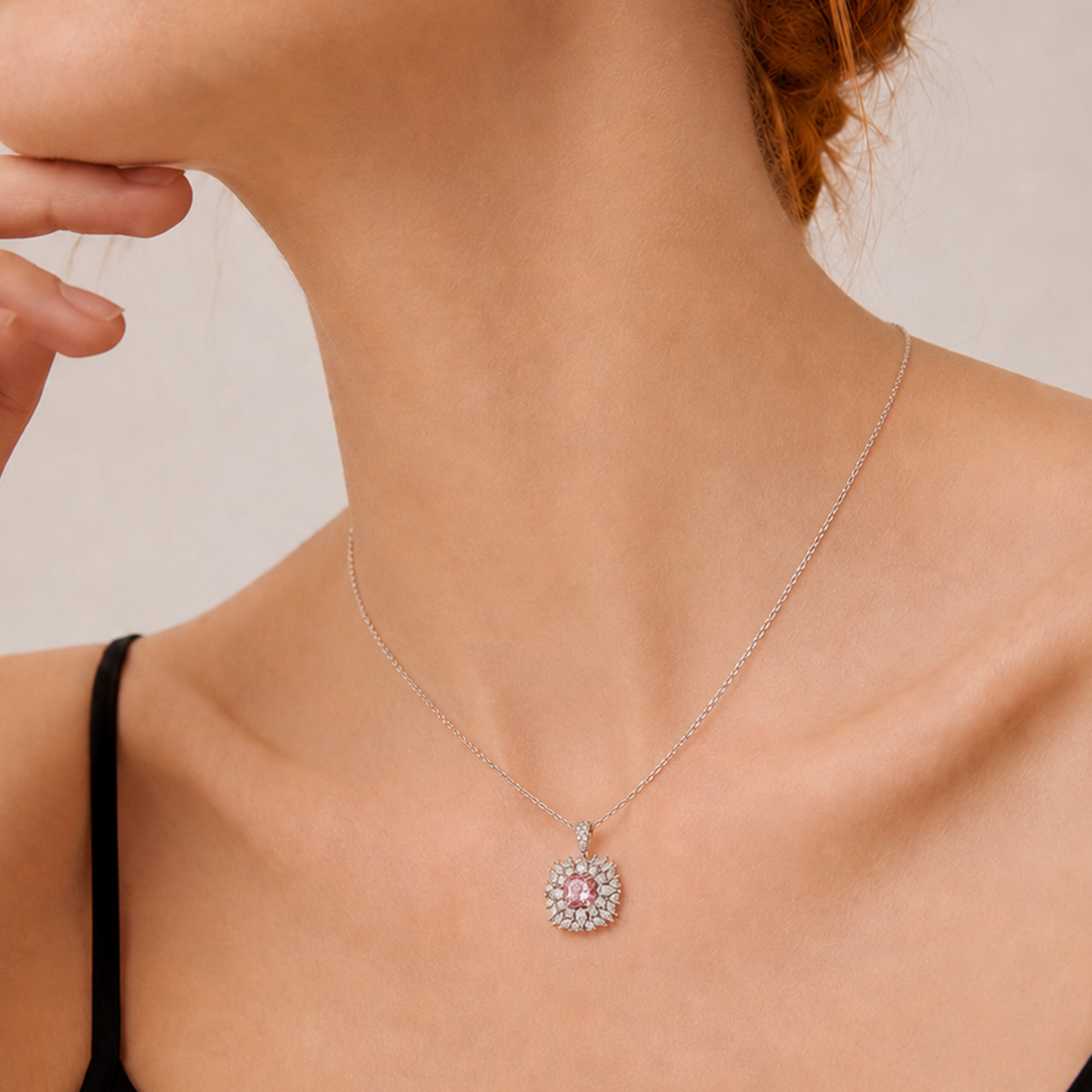 Pink Cubic Zirconia Halo Pendant Necklace