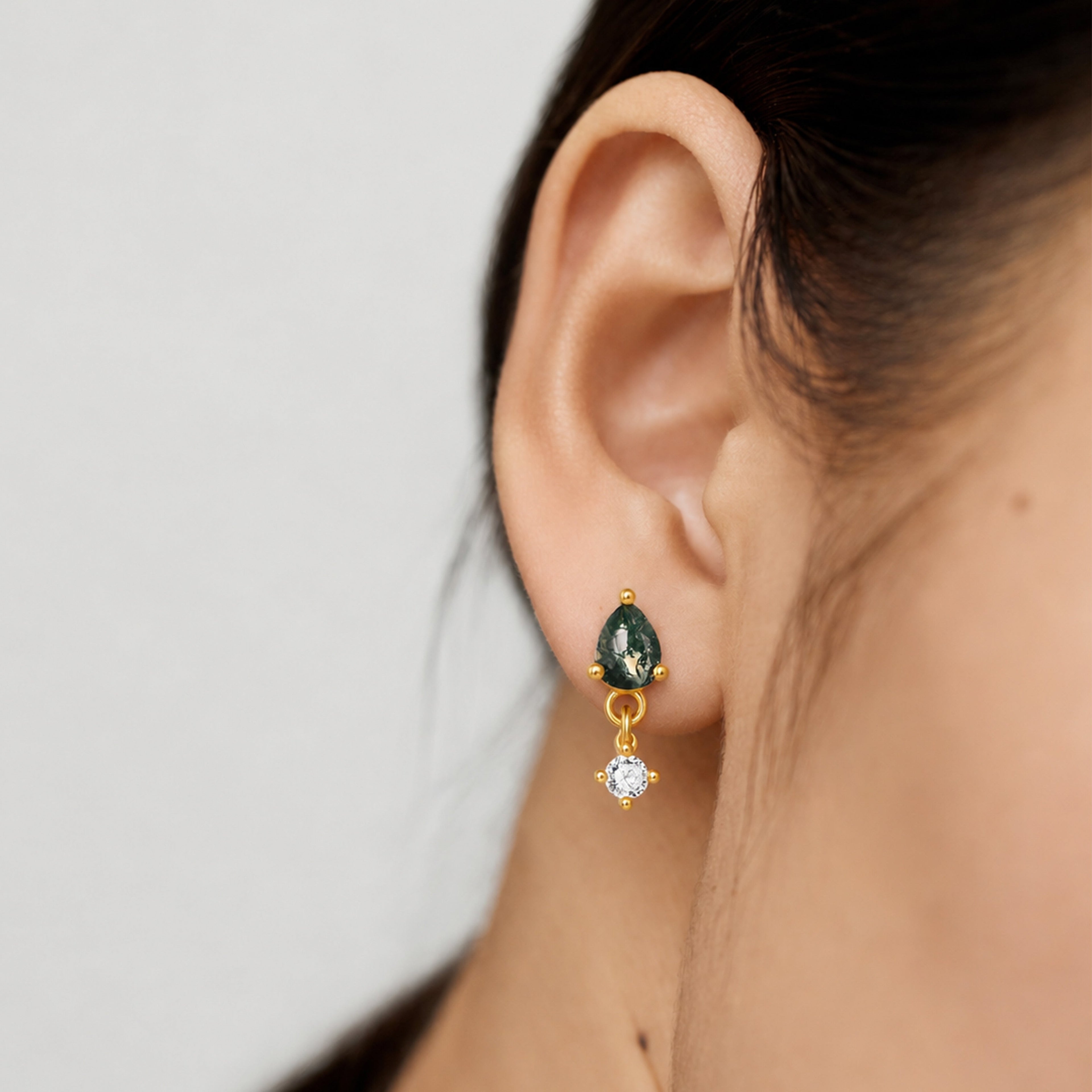 Moss Agate Zircon Flat-Back Drop Earrings