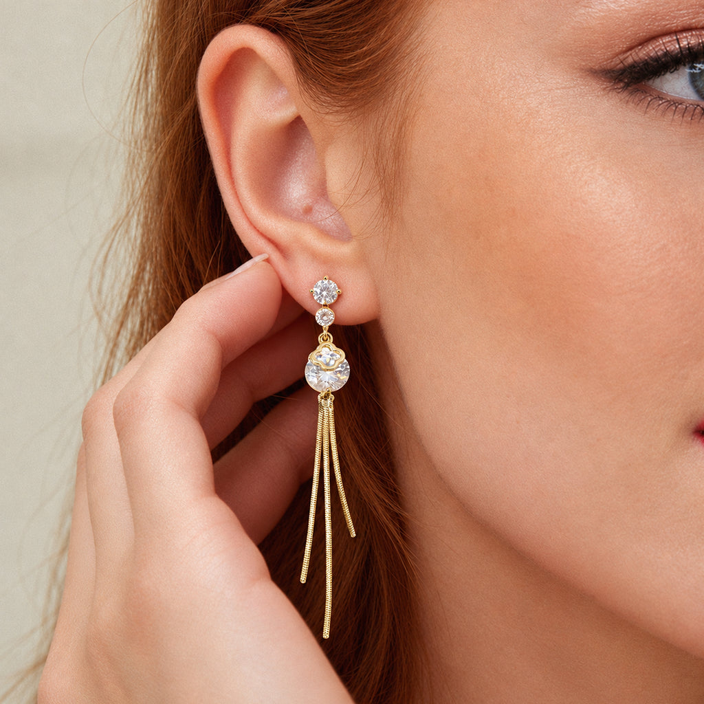 Clover Zircon Chain Tassel Drop Earrings