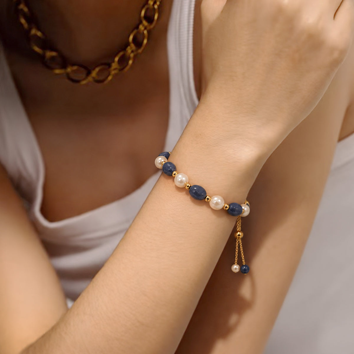 Gold-Plated Blue Aventurine Pearl Bracelet