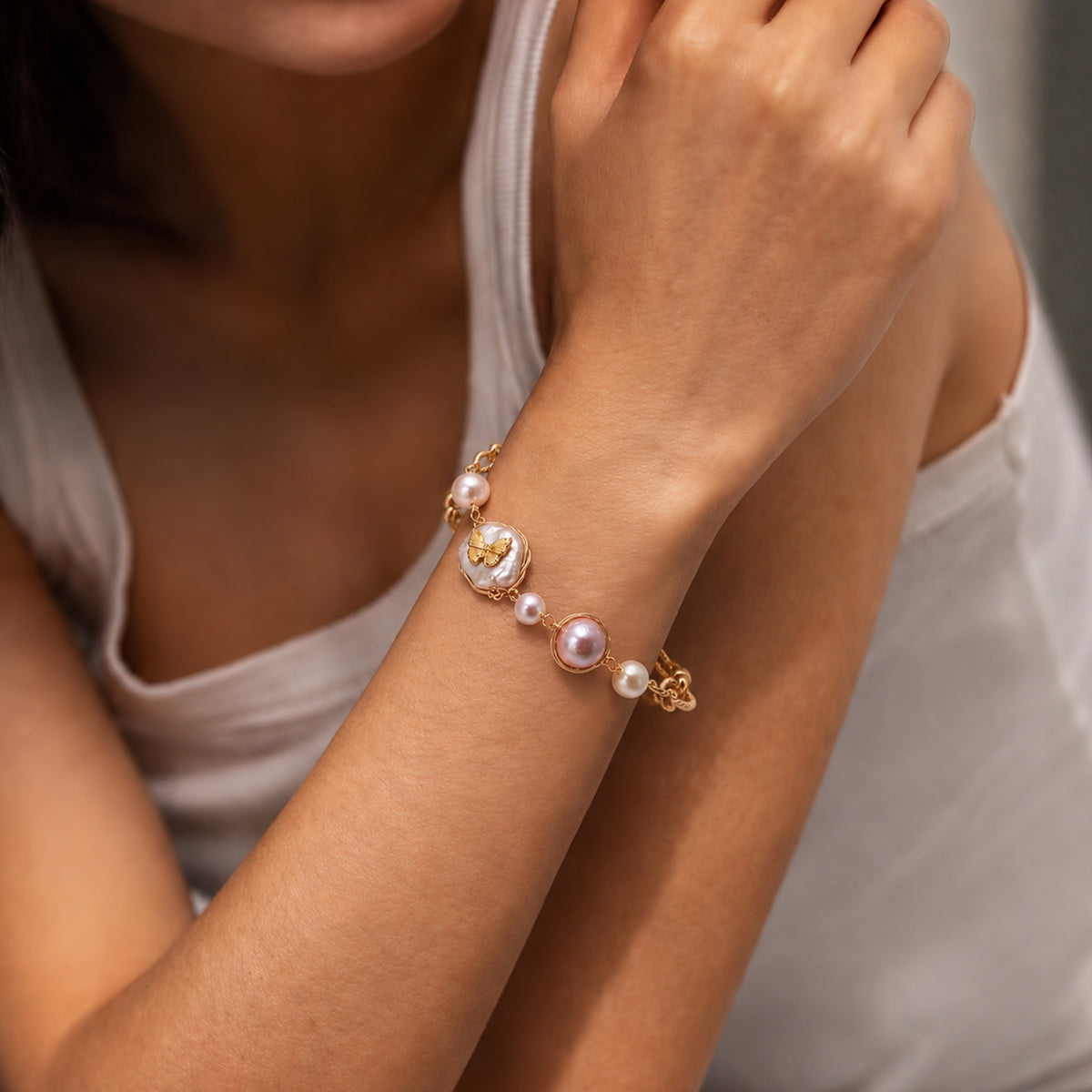 Gold-Plated Baroque Pearl Butterfly Bracelet