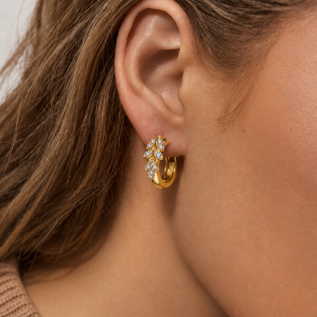 S925 Silver Zircon Leaf Huggie Hoop Earrings