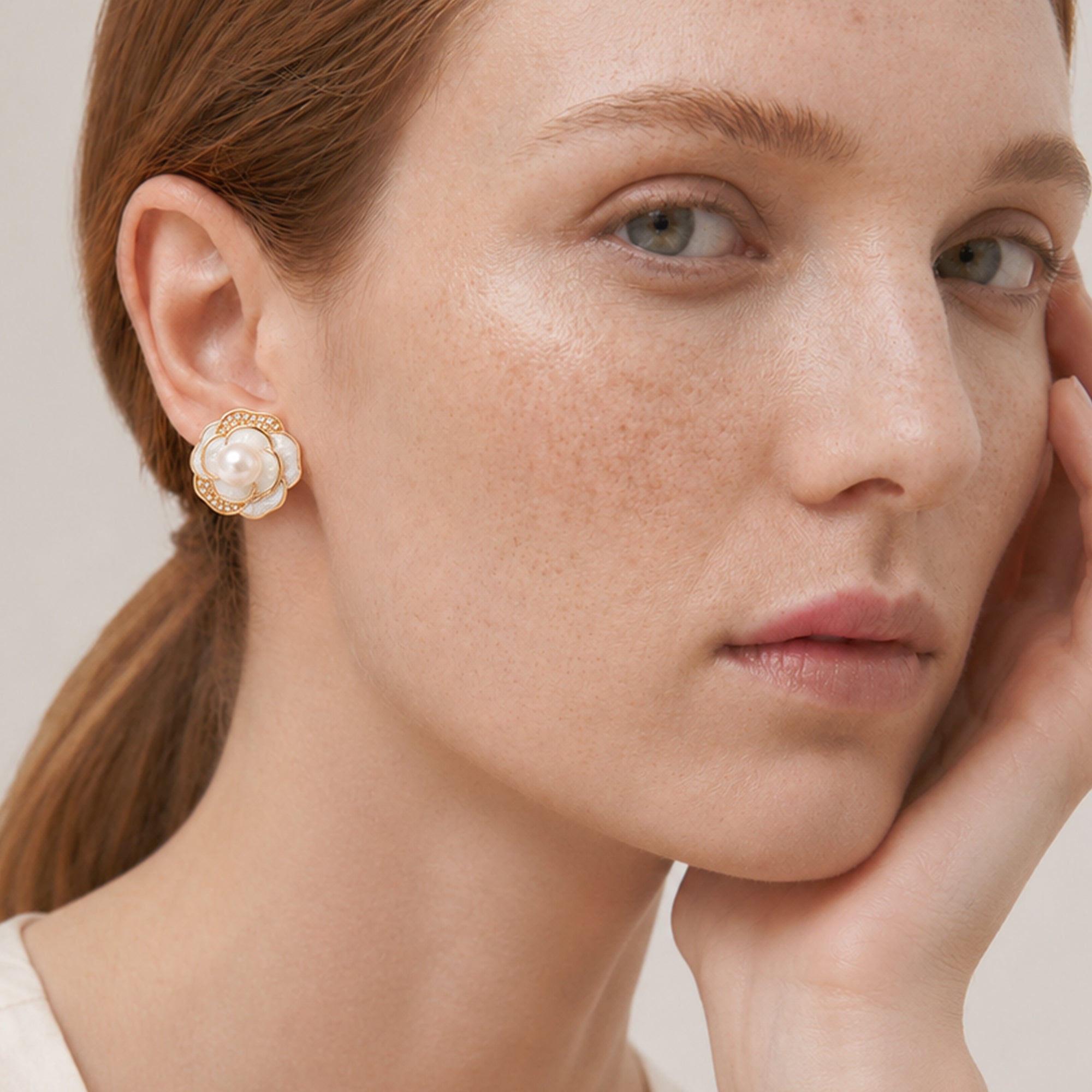Gold-Plated Pearl Floral Stud Earrings