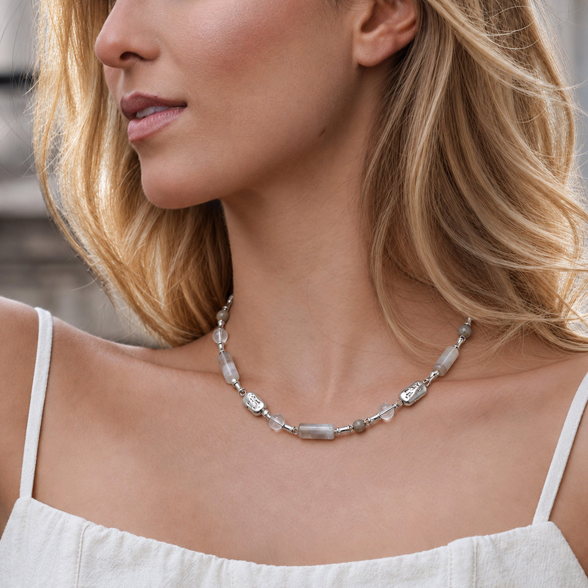 Silver-Tone Glass Crystal Beaded Necklace