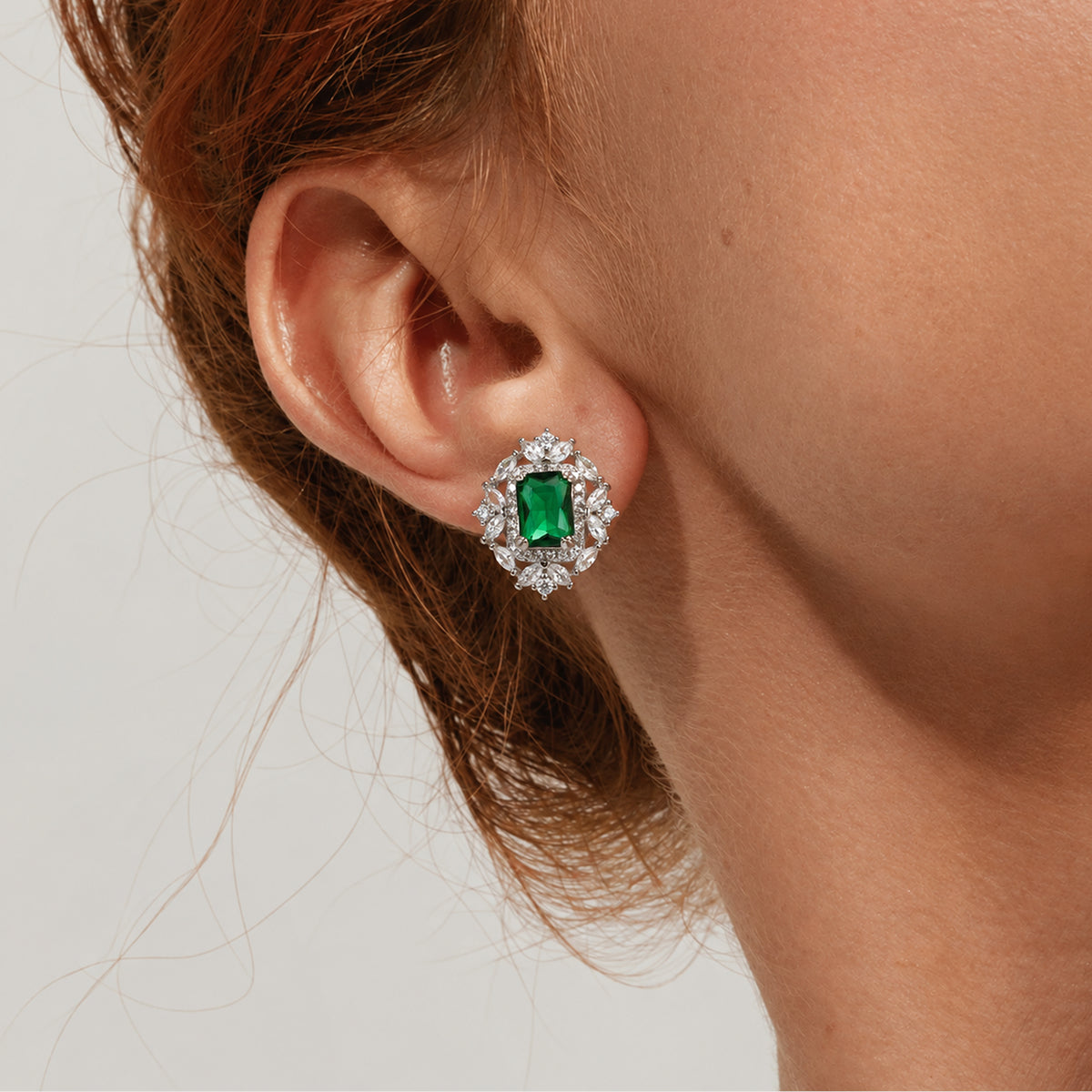 Emerald-Cut Green Zircon Halo Stud Earrings