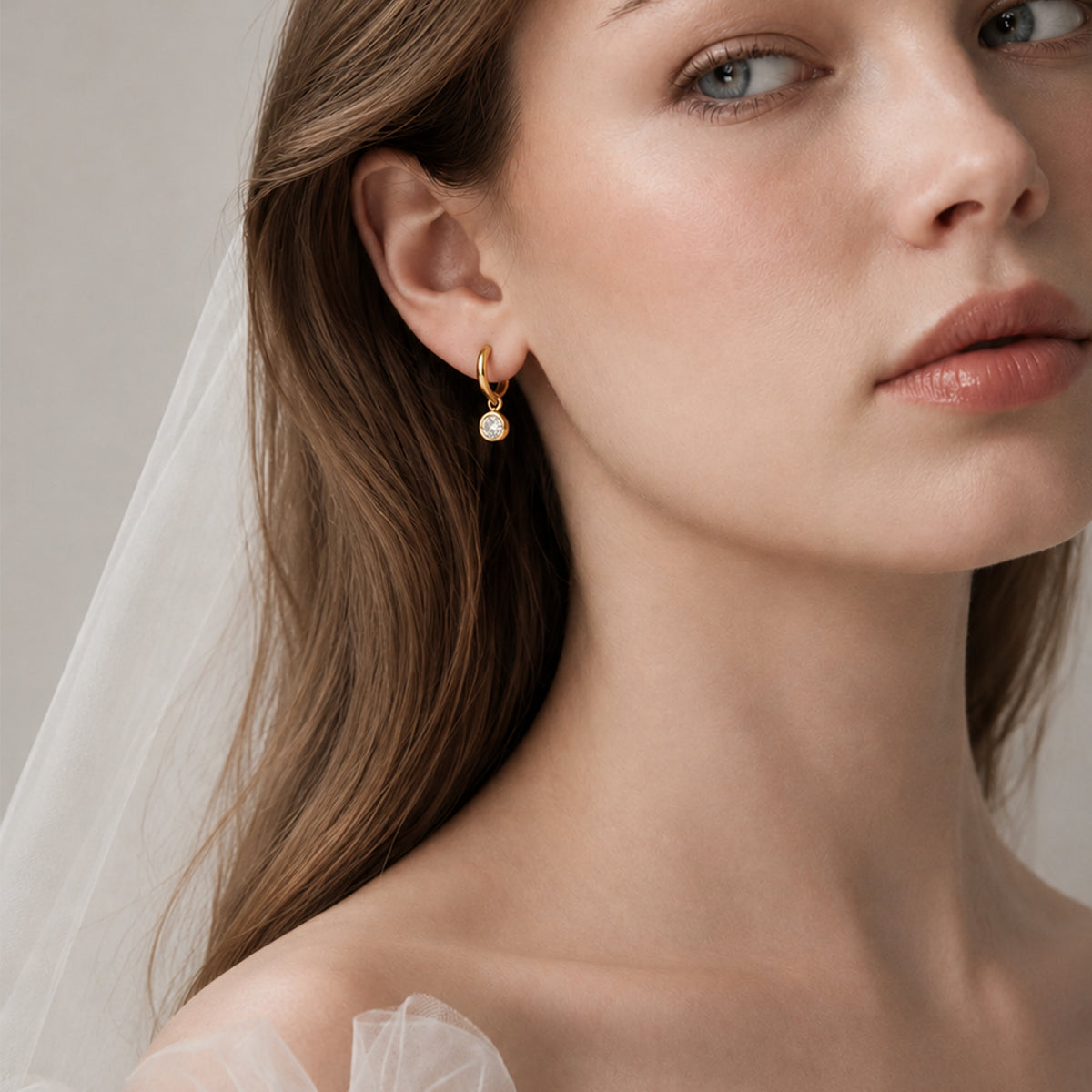 5A CZ Bezel Drop Huggie Hoop Earrings