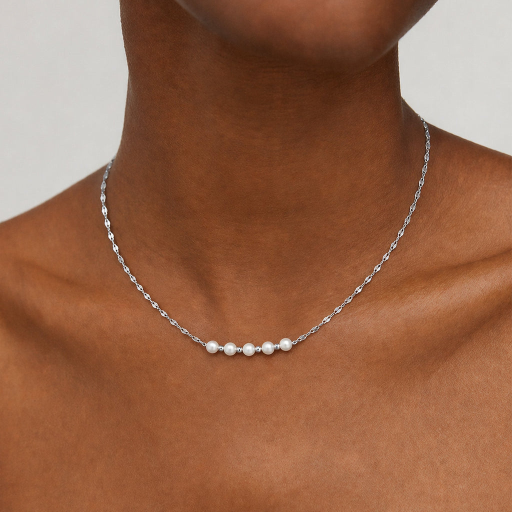 Five-Pearl S999 Silver Station Necklace