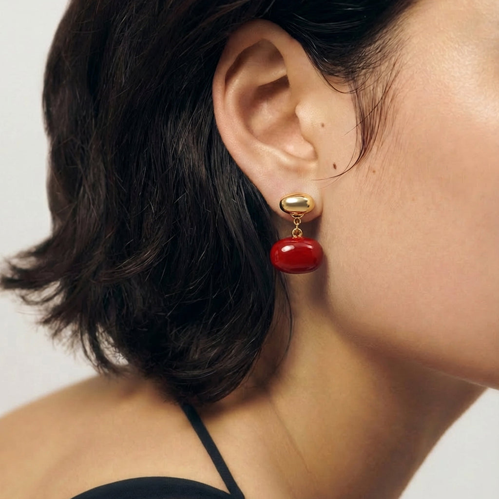 Red Enamel Pebble Drop Stud Earrings