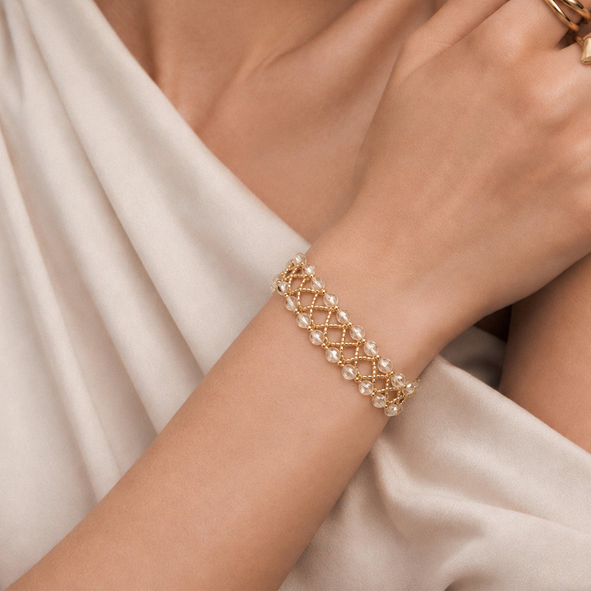 Gold-Tone Sterling Silver Beaded Mesh Bracelet
