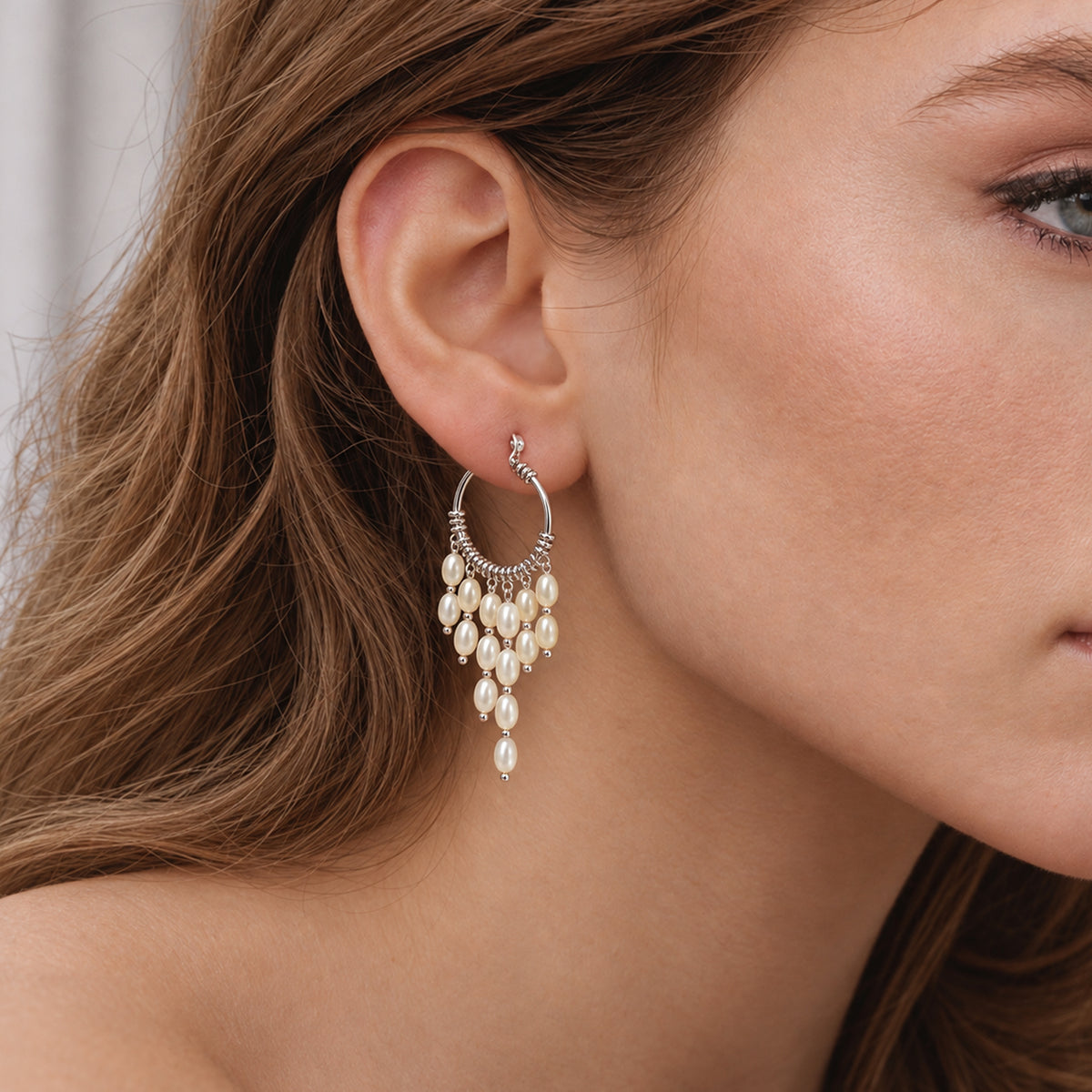Silver-Tone Shell Fringe Hoop Earrings