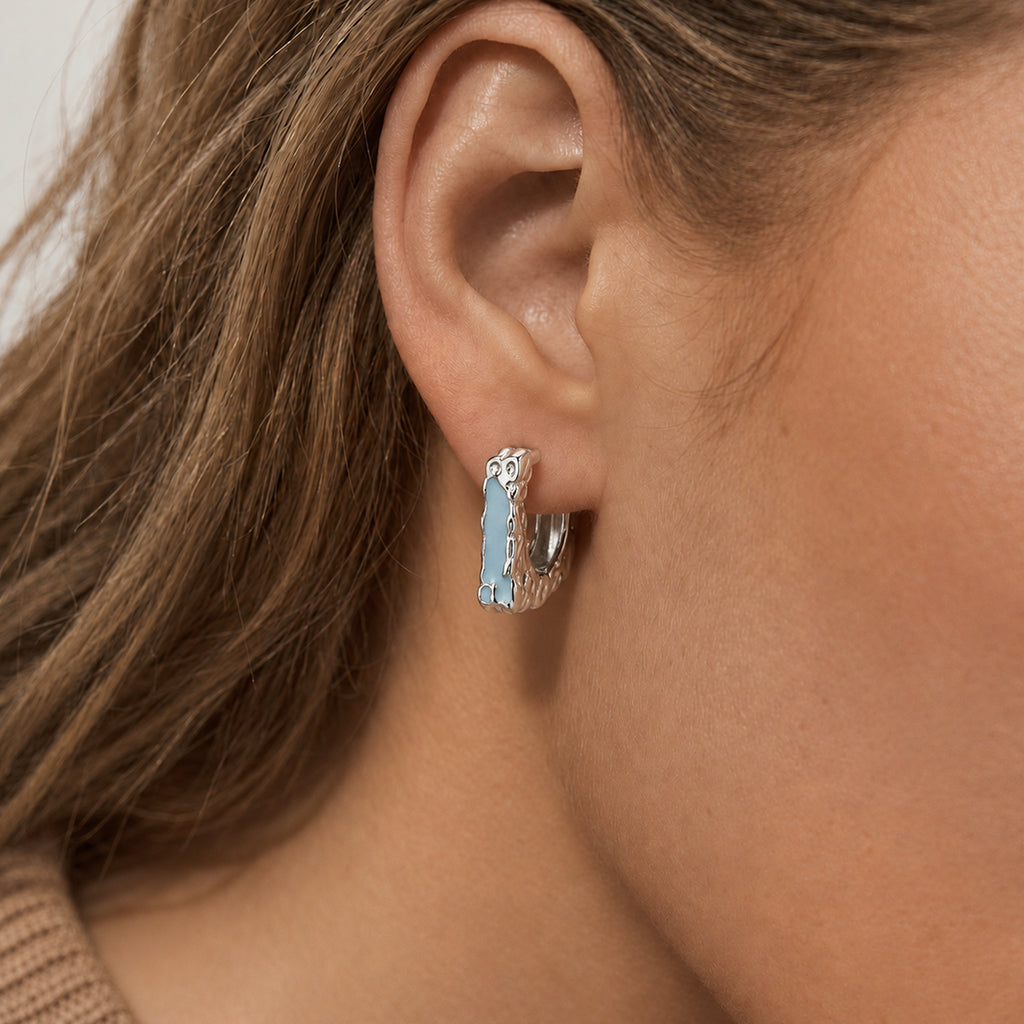 Textured Square Blue Accent Hoop Earrings