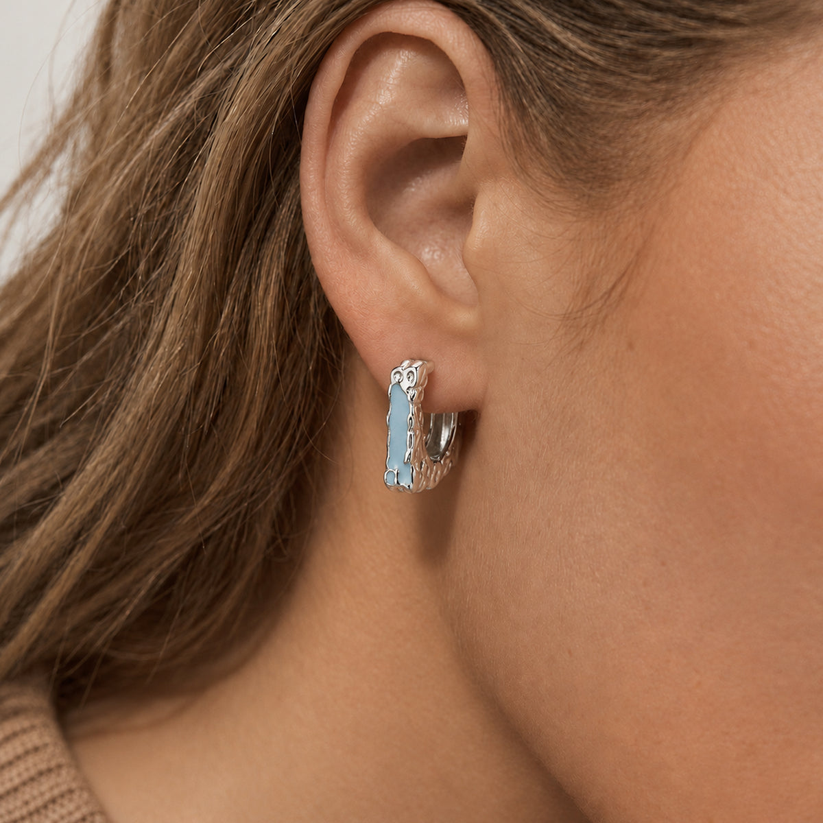 Textured Square Blue Accent Hoop Earrings