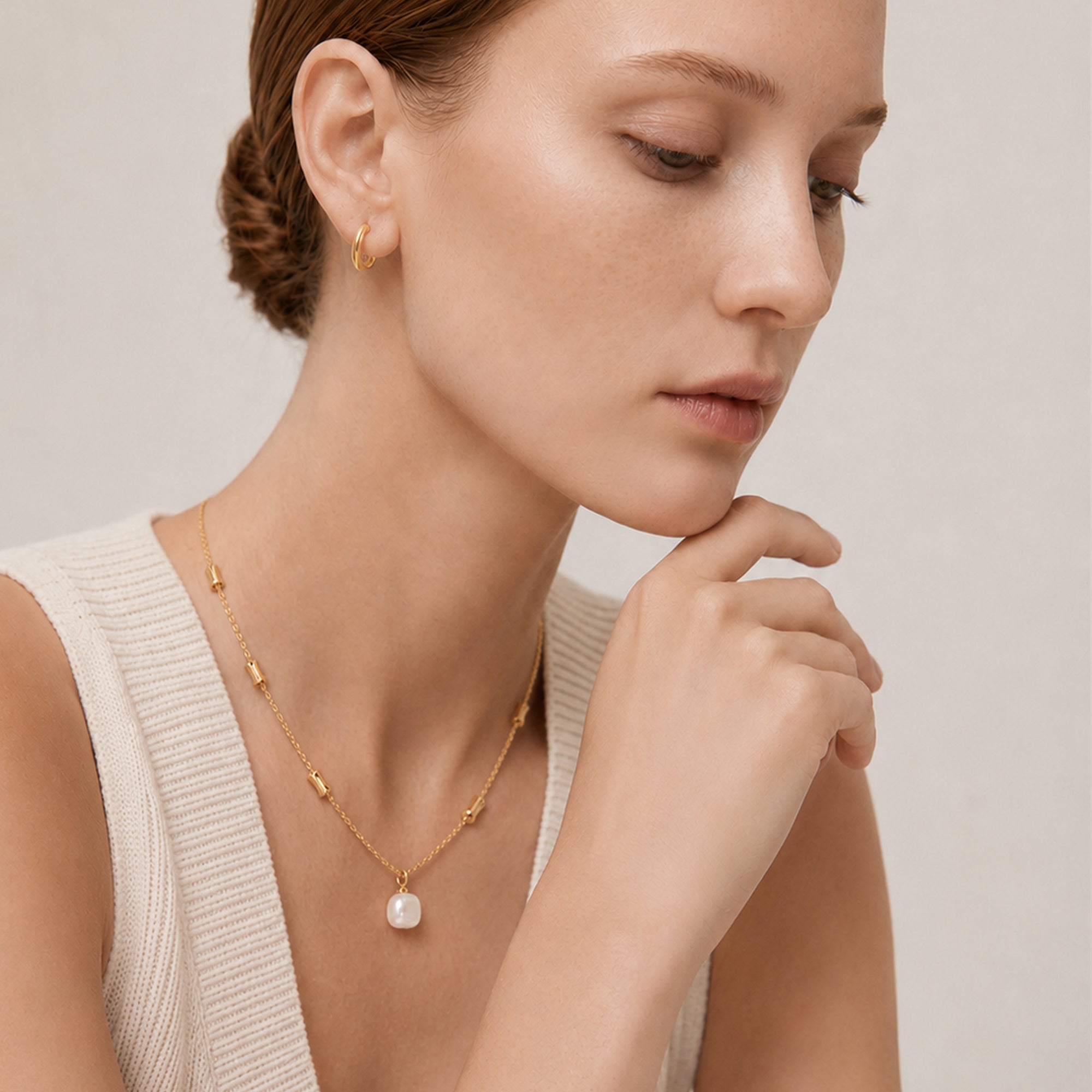 Gold-Plated Square Pearl-Style Necklace
