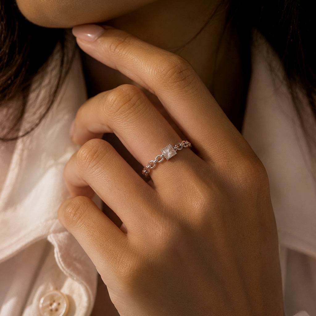 Square Zircon Chain-Link S925 Adjustable Ring