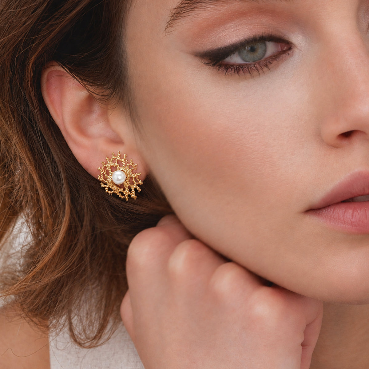 Coral Branch Pearl Statement Stud Earrings