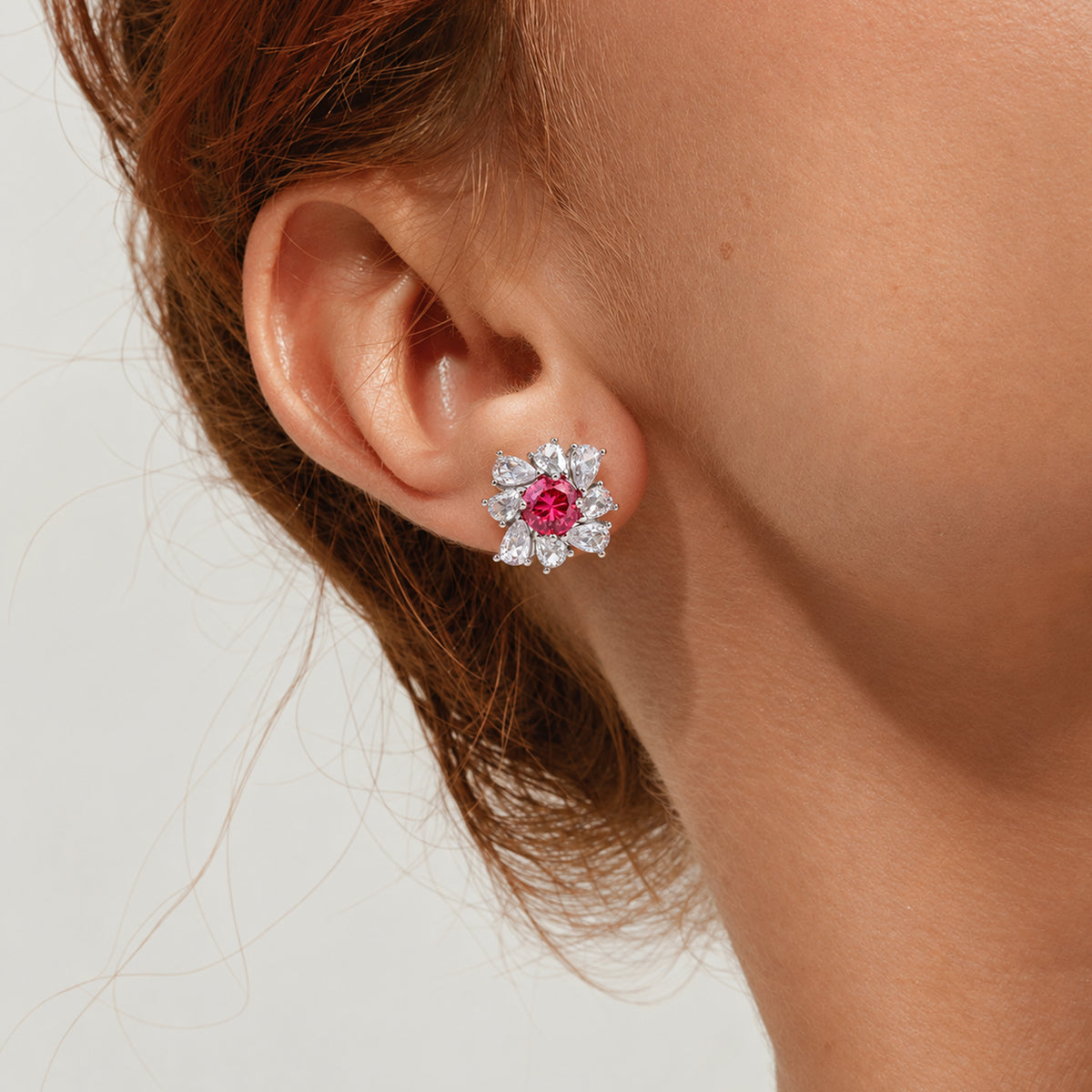 Pink Floral Zircon Brass Stud Earrings