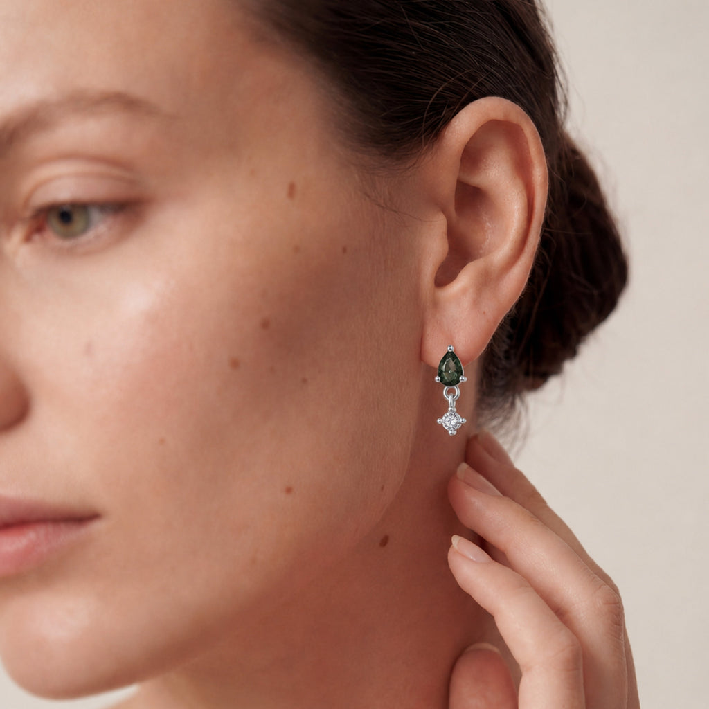 Moss Agate Zircon Flat-Back Drop Earrings