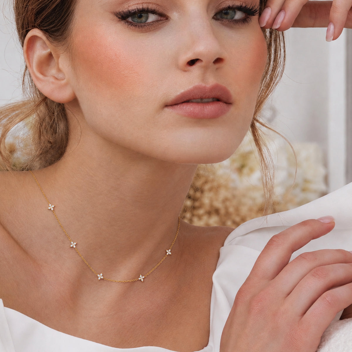 Four-Petal Crystal Sterling Silver Necklace