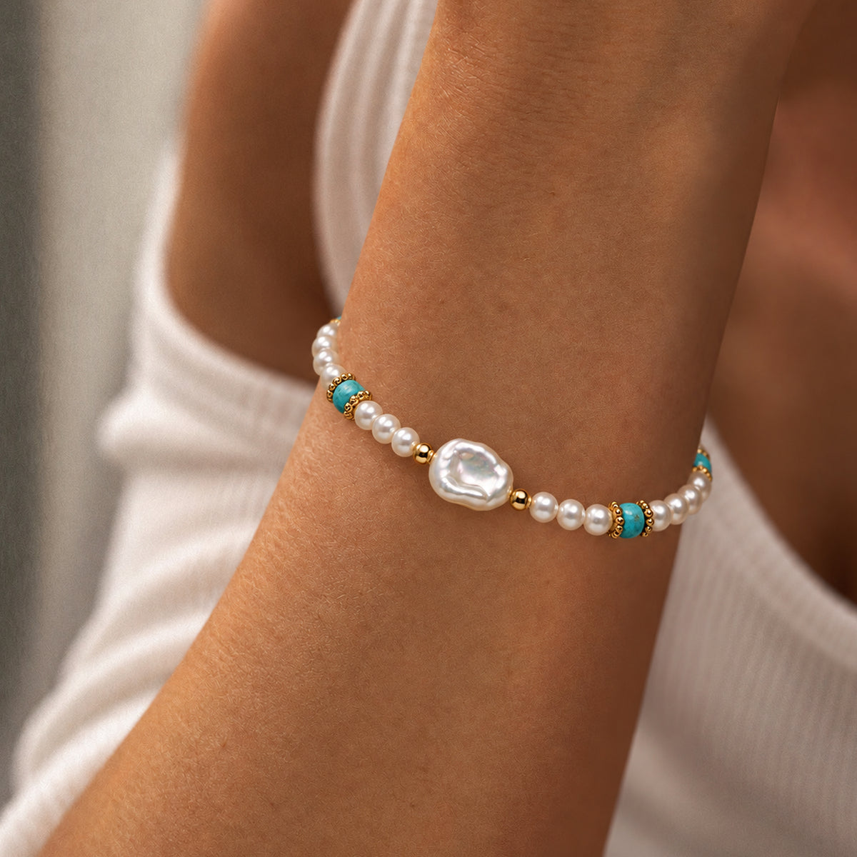 Freshwater Pearl Turquoise-Accent Gold-Plated Bracelet