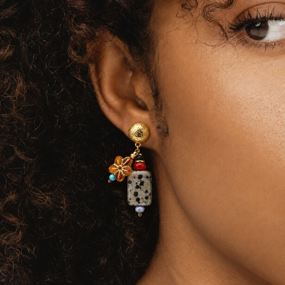 Gold-Tone Mixed Stone Floral Drop Earrings