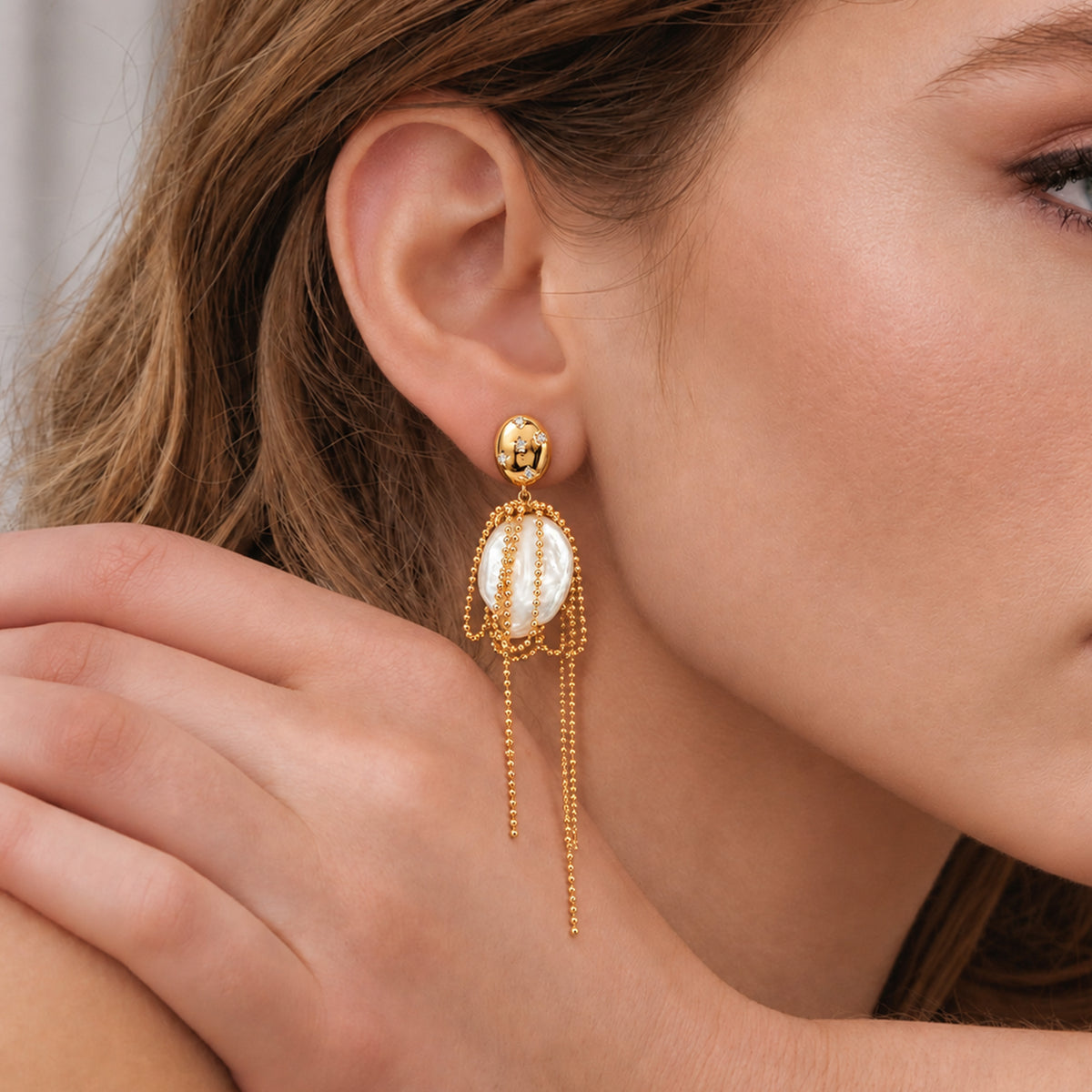 Freshwater Pearl Draped Chain Drop Earrings