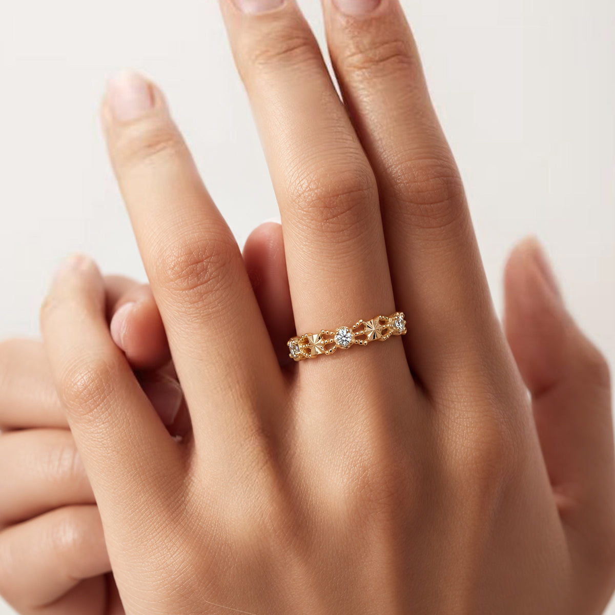 Gold-Plated S925 Patterned Stone Band Ring