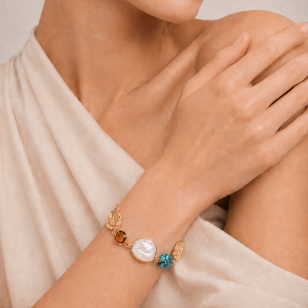 18K Gold-Plated Pearl and Turquoise Bracelet