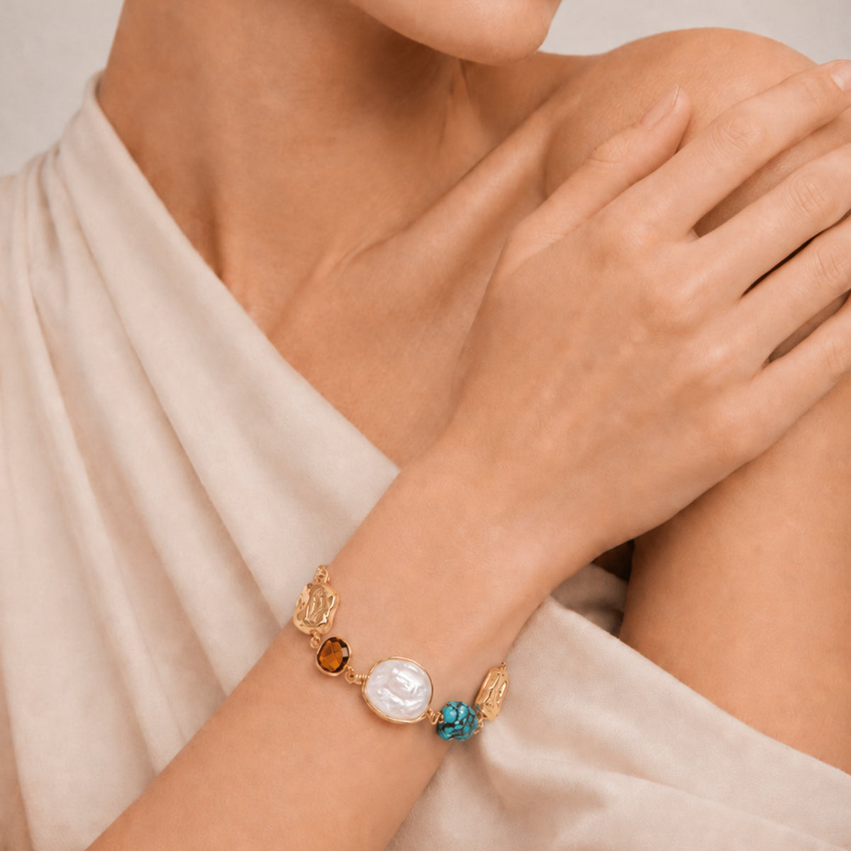 18K Gold-Plated Pearl and Turquoise Bracelet