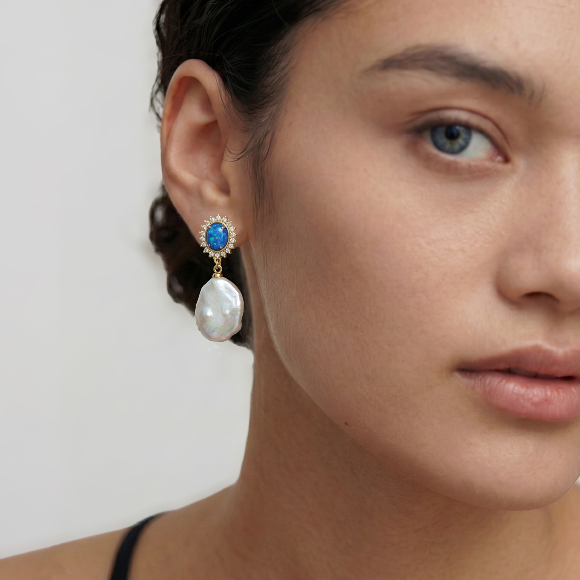 Blue Oval Zircon & Freshwater Pearl Drop Earrings