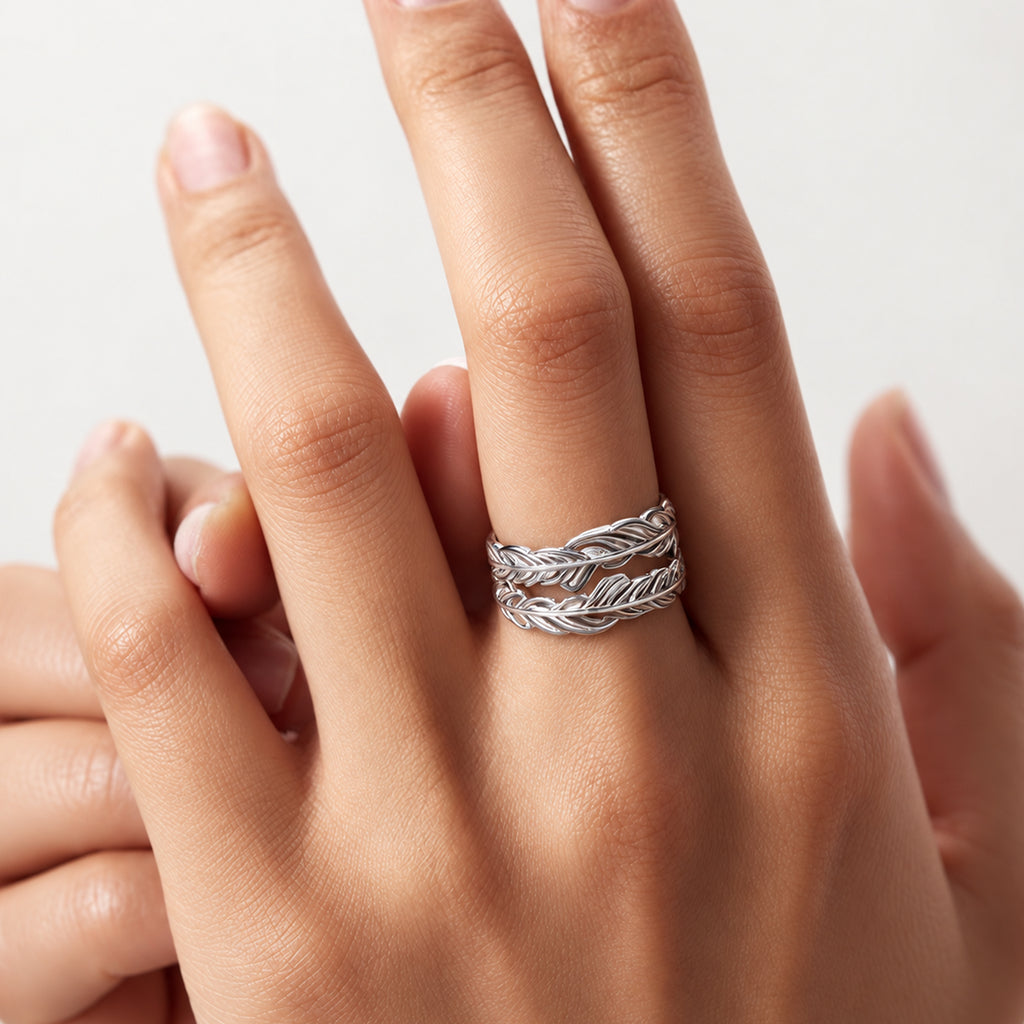 Layered Feather S925 Silver Open Ring