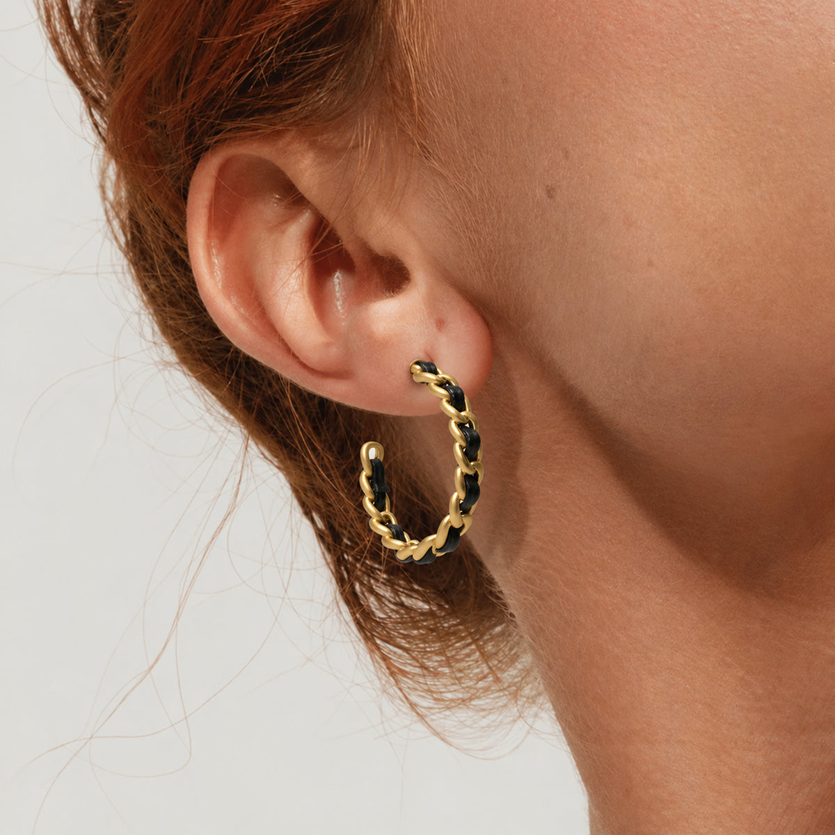 Black Woven Gold-Tone Chain Hoop Earrings