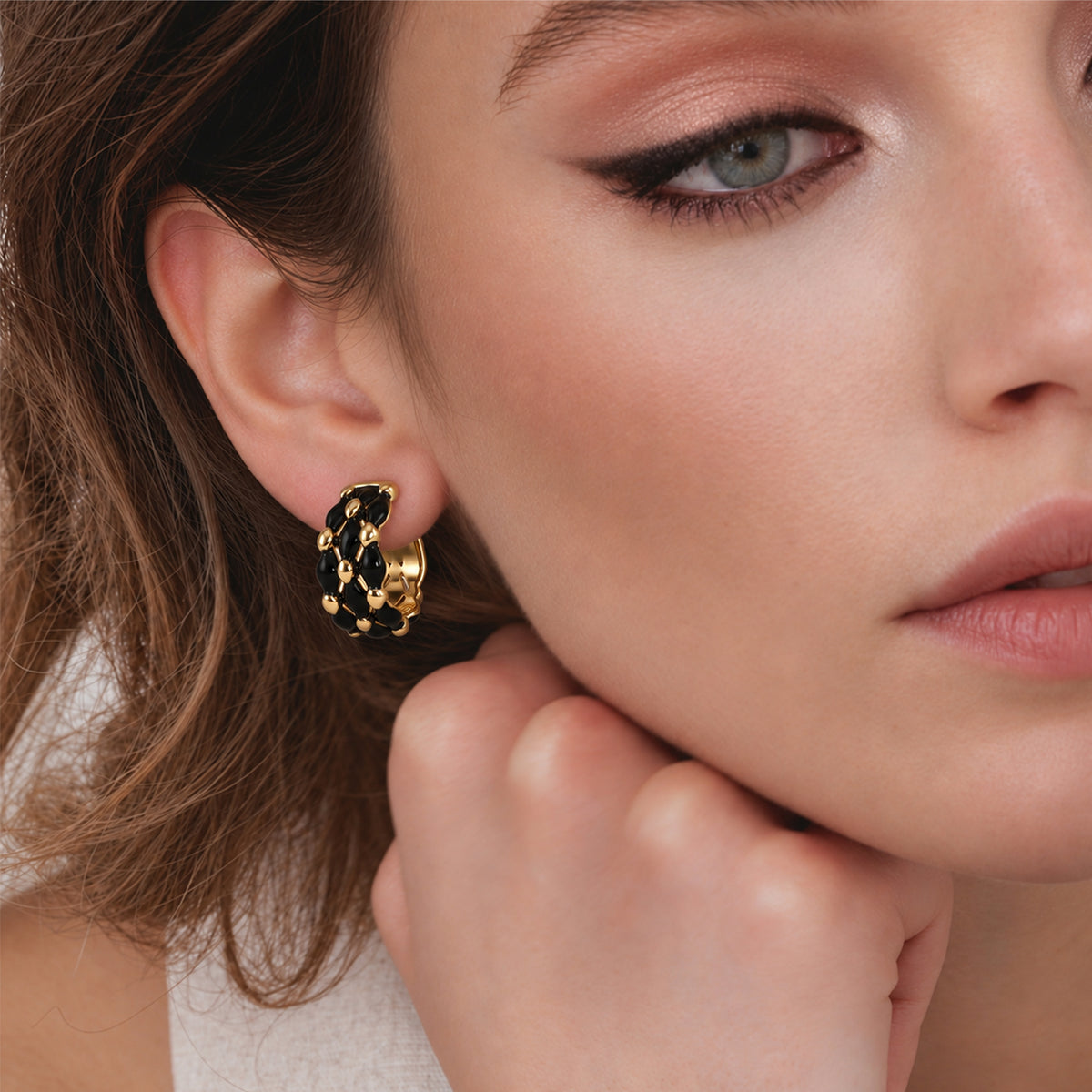 Black Enamel Woven Hoop Earrings