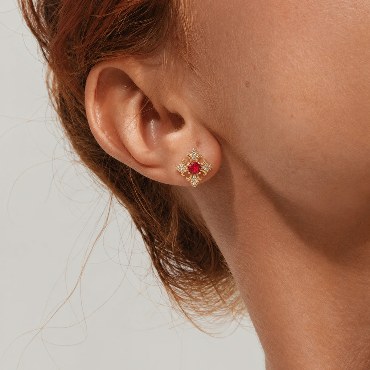 Ornamental Red Stone Sterling Silver Studs