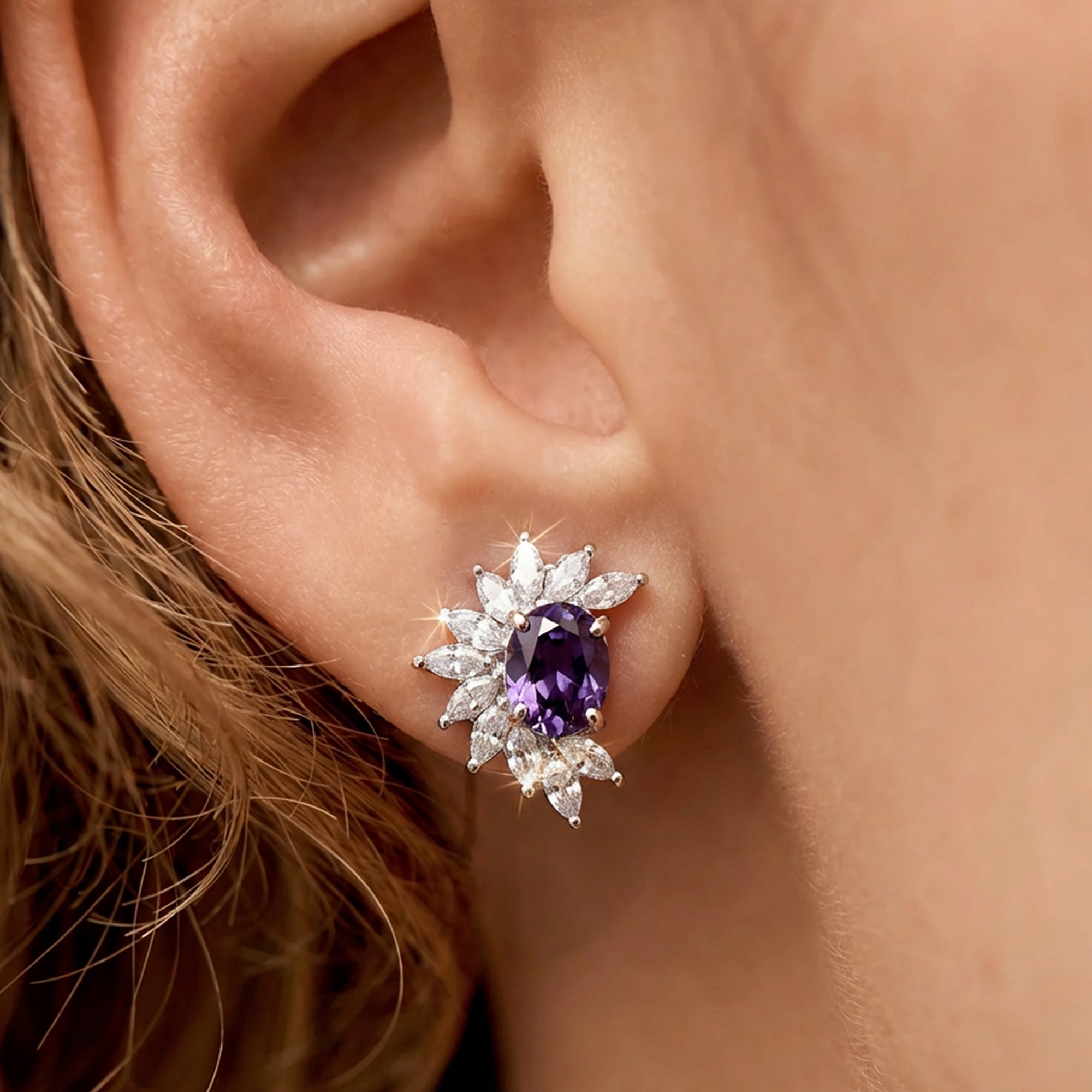 18K Gold-Plated Purple Zircon Cluster Stud Earrings