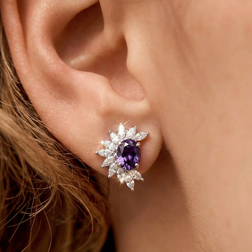 18K Gold-Plated Purple Zircon Cluster Stud Earrings
