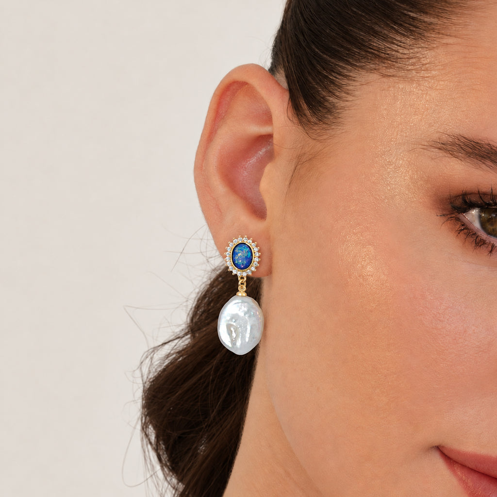 Blue Oval Zircon & Freshwater Pearl Drop Earrings