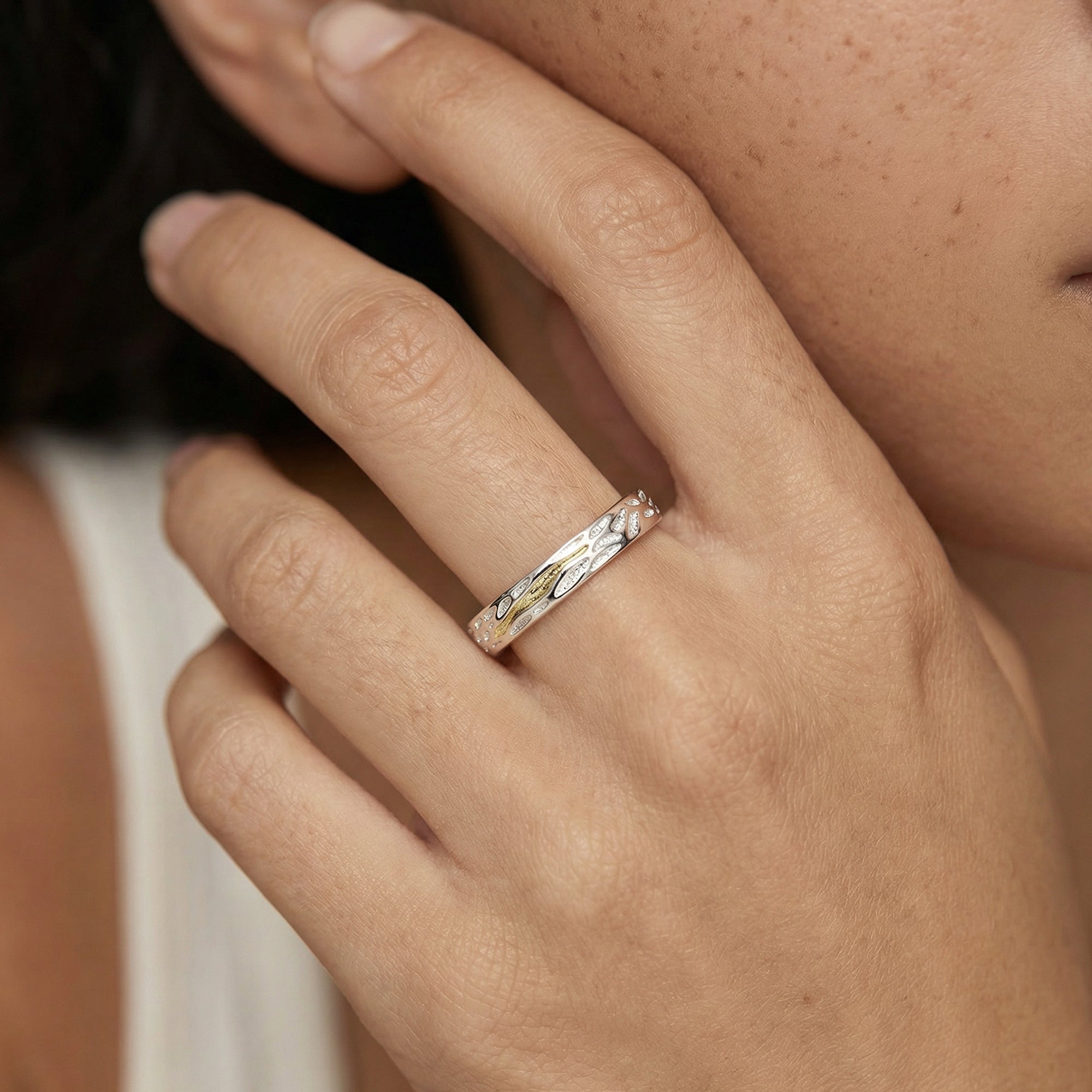 Two-Tone Textured S925 Silver Couple Ring Set