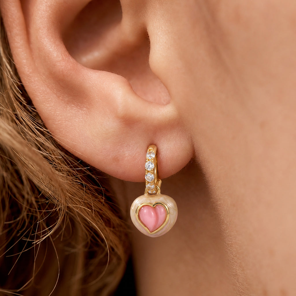Pink Heart Charm Pavé Hoop Earrings