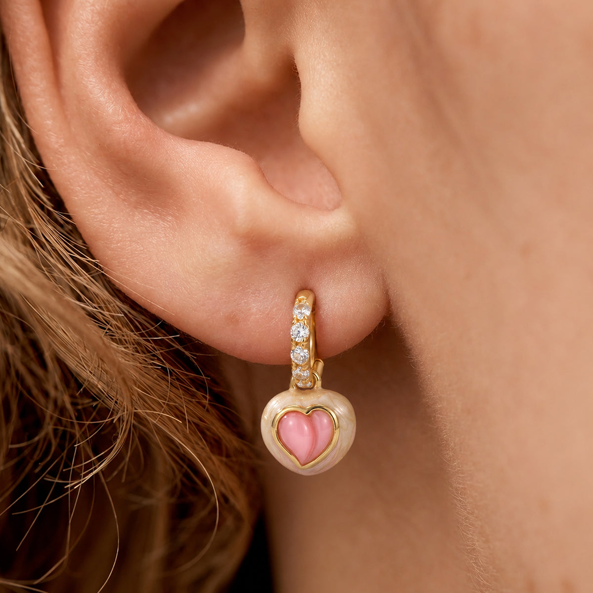 Pink Heart Charm Pavé Hoop Earrings