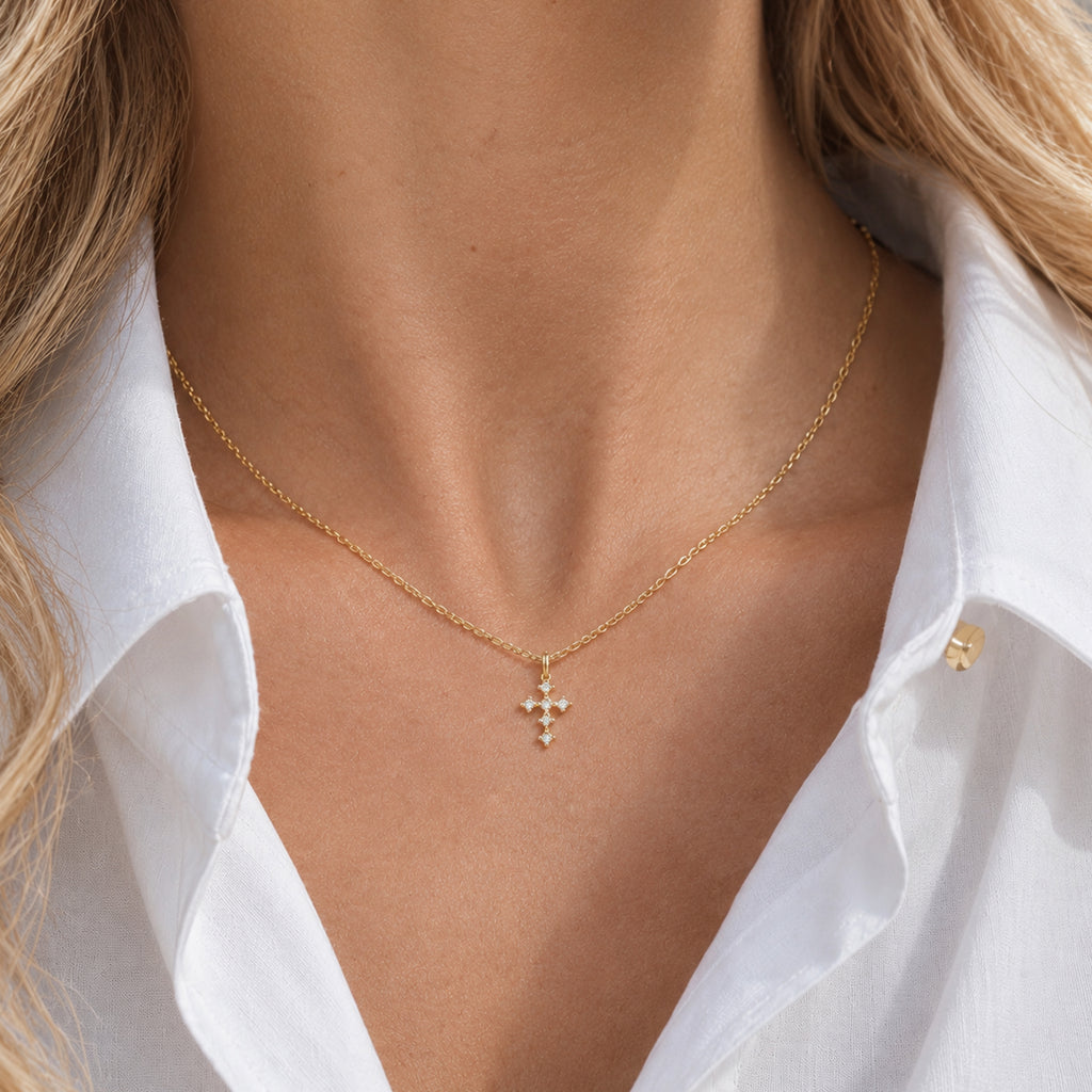 14K Gold-Plated S925 Clear Cross Necklace