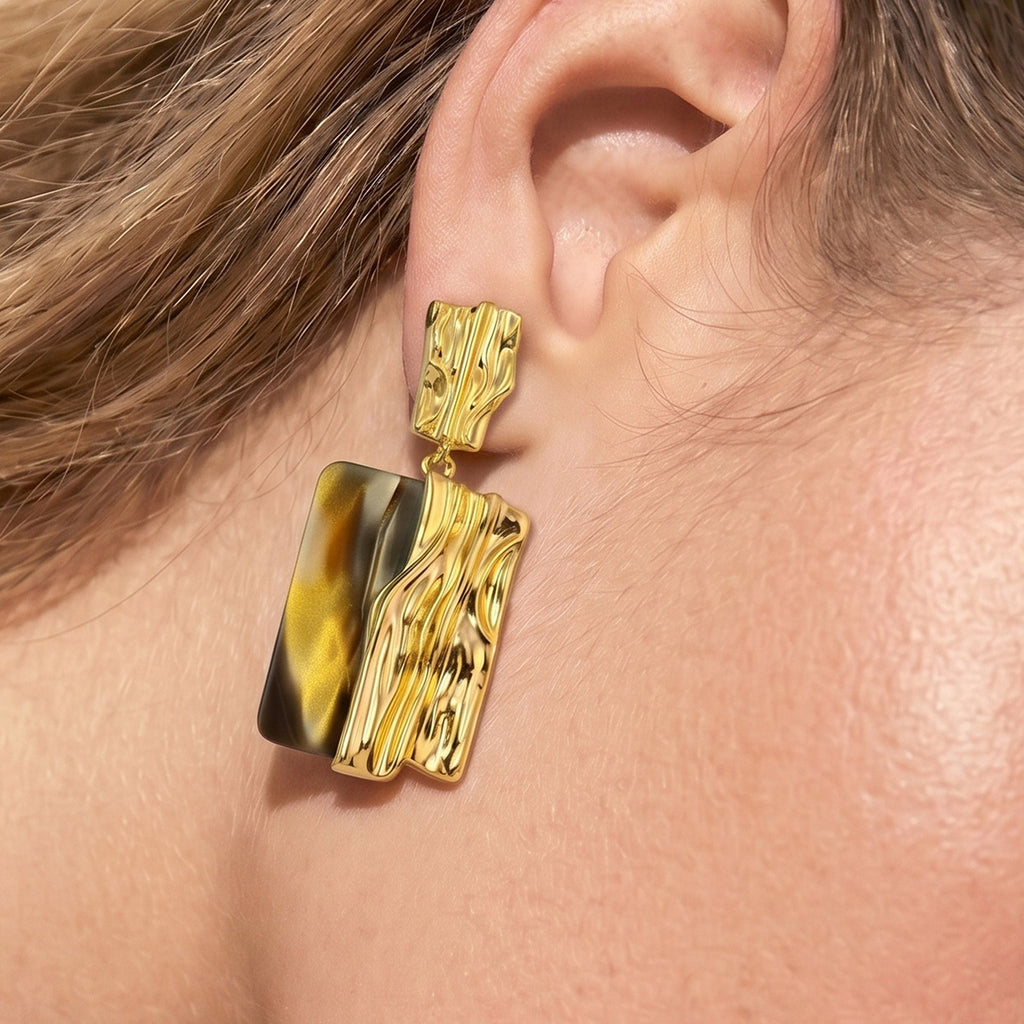 Textured Gold Shell Panel Drop Earrings