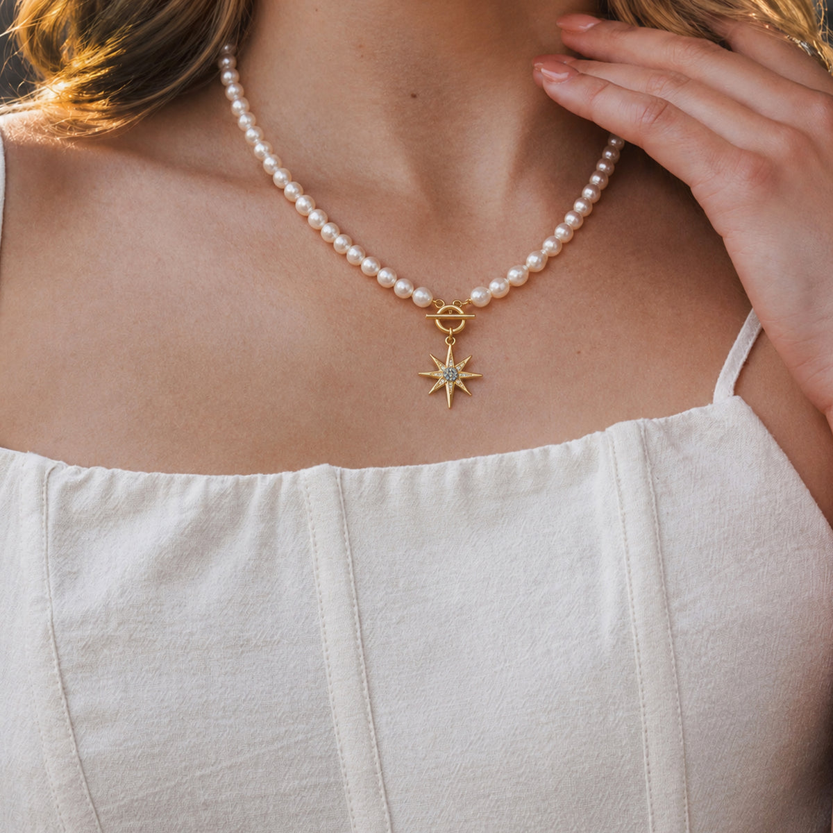 Gold-Plated Blue Starburst Pearl-Bead Necklace