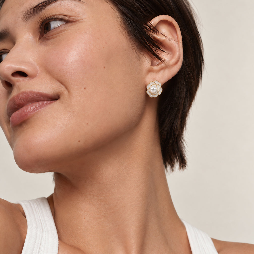 Pearl Floral Gold-Plated Copper Stud Earrings