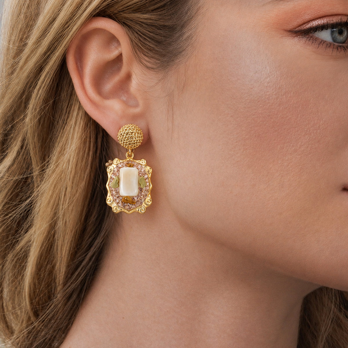 S925 White Shell and Natural Stone Drop Earrings
