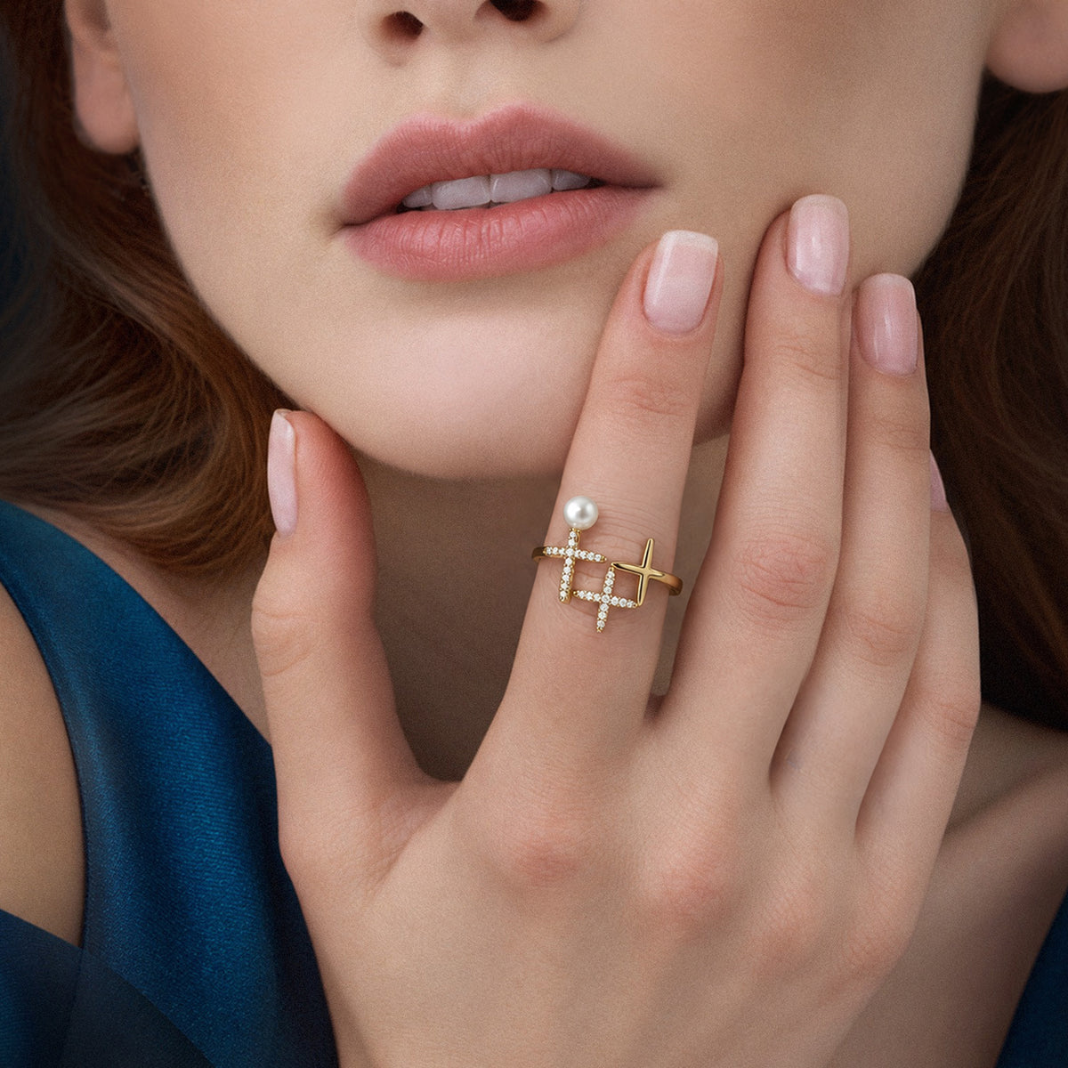 18K Gold-Plated Brass Pearl CZ Open Ring